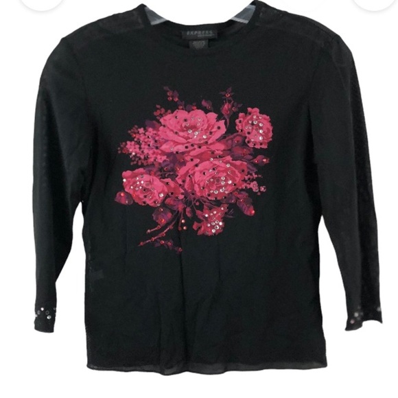 Express 90s Y2K Rhinestone Sheer Crop Top Vintage - Picture 1 of 7